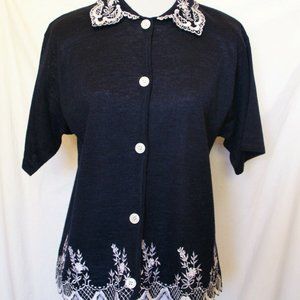 Partner Petite Navy Blue Women's Sweater Short Sleeves Embroidered Collared M